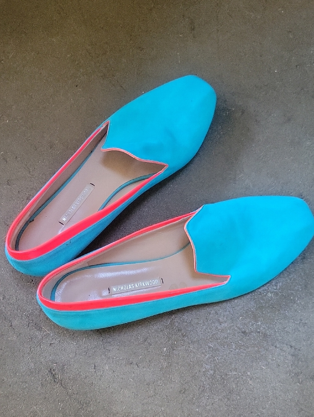 Nicholas Kirkwood Turquoise Suede Loafers with Coral Trim Size 40
